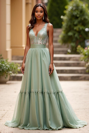 Sparkly Sequins Dusty Sage Organza A Line V Neck Prom Dress